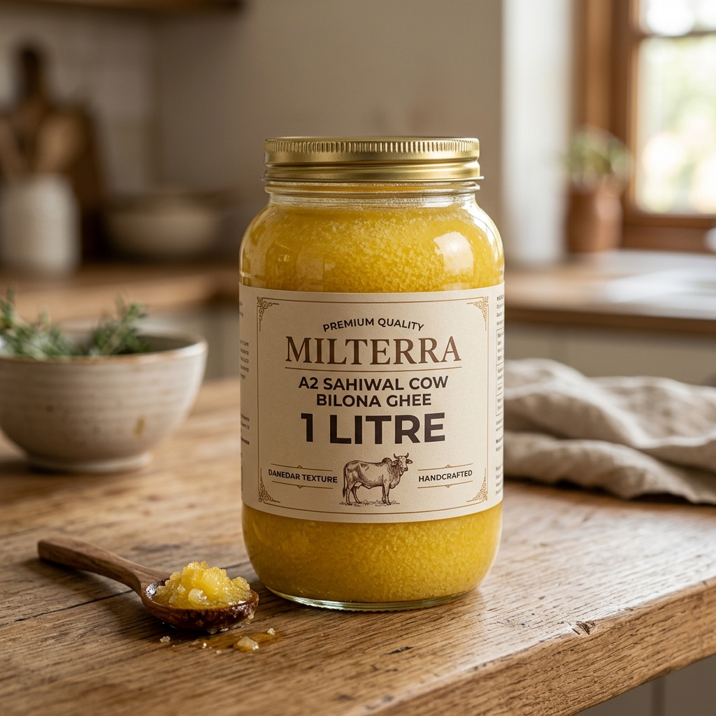 MILTERRA A2 Desi Cow Bilona Ghee 1 Litre Kitchen Jar on Rustic Table